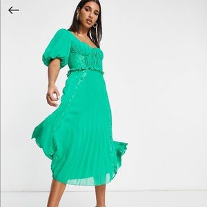 Pleated Green Midi Dress